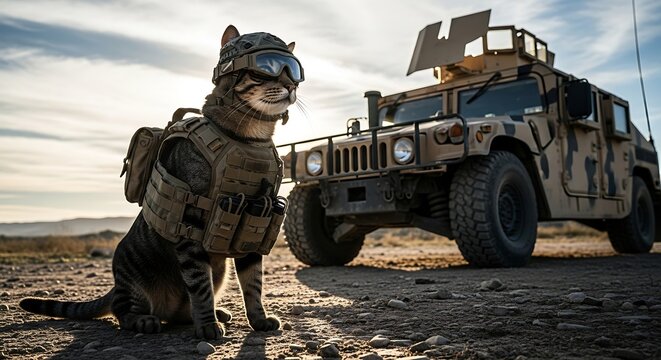 Military Cat - A Tactical Feline Ready for Action in the Desert.