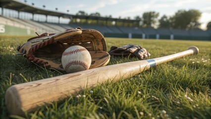 Baseball Equipment on Field with Bat, Glove, Ball, and Grass Background in Sunny Daylight
