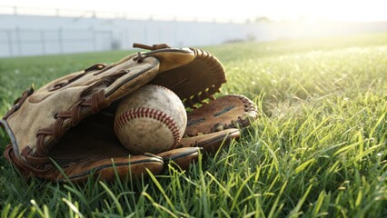 Vintage Baseball Glove and Ball Resting on Green Grass Under a Bright Sunlight Sky