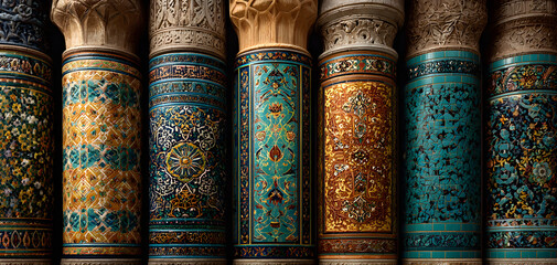 Set of vertical or horizontal banners with detail of ancient mosaic walls with geometric ornaments. Collection of background with traditional islamic tile decoration. Tile decor on old wall