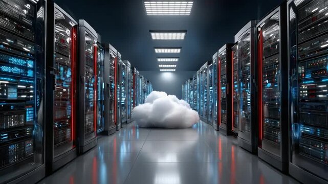 Cloud Data Center: A striking visual of a data center, with rows of server racks extending into the distance, a fluffy cloud symbol at the center, representing data storage in the cloud.