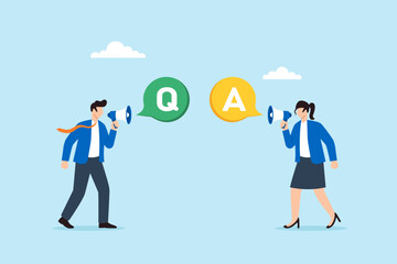 Flat illustration of business people using megaphones to exchange Q and A symbolizing communication discussion collaboration and problem solving