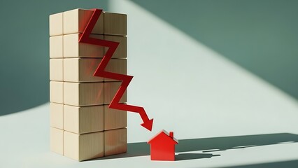 A precarious tower of blocks with a downward trending red arrow indicating decline or failure in a minimalist 3d illustration