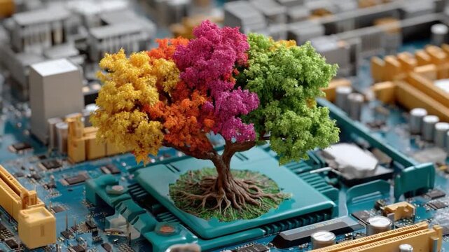 Technological Ecosystem: A vibrant, multi-colored tree rooted on a computer circuit board, representing the fusion of technology and nature.