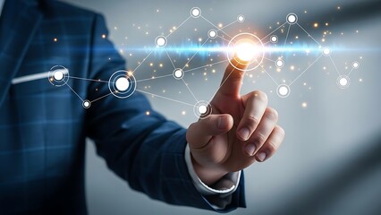 A businessperson interacting with a futuristic digital interface with glowing connections and networks