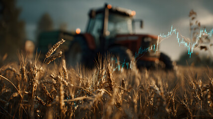 Tractor harvesting wheat in field with financial graphs overlay illustrating agricultural economics