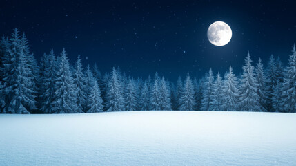 Moonlit winter wonderland under a starry sky