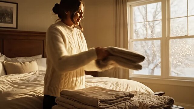 Woman Folding Laundry in Cozy Bedroom by Window.