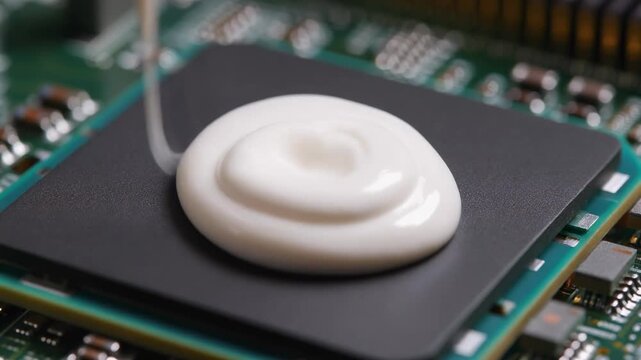 Applying thermal paste onto a computer CPU processor on a green circuit board to ensure optimal cooling and heat dissipation. A close-up shot of the process.