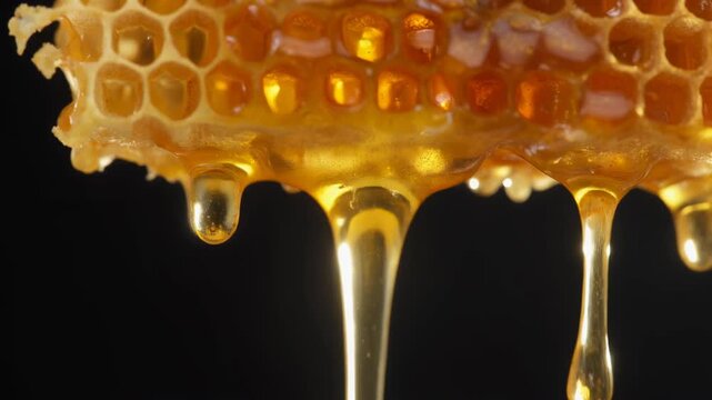 Close-up of golden viscous honey dripping slowly from a natural hexagonal honeycomb against a dark background, highlighting its sweet, organic texture and flow