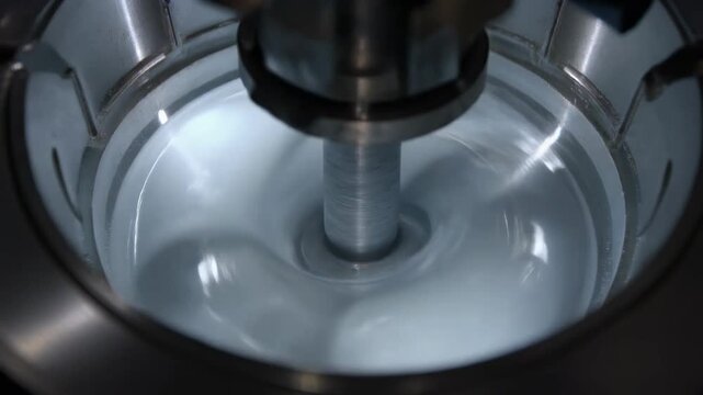 High-speed industrial mixer agitates viscous white liquid in a precision manufacturing process, creating a swirling vortex in a modern factory setting