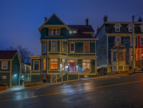 Exterior of illuminated historic buildings in Saint John&rsquo;s, Newfoundland and Labrador, Canada