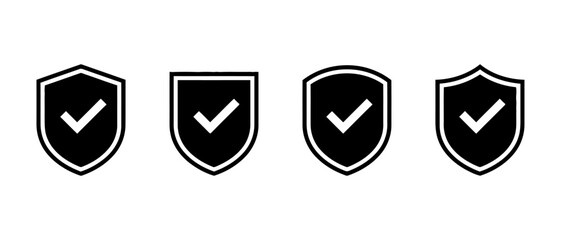 Four black shield icons with white checkmarks security