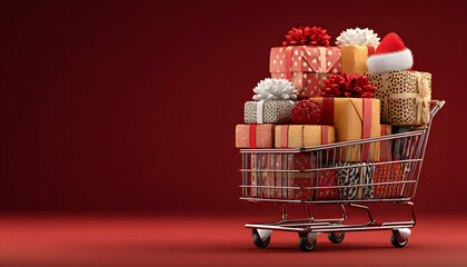 Un carrito de supermercado lleno de paquetes de regalo decorados con lazo, con un gorro de Papá Noel, aislado sobre fondo rojo para publicidad de compras de navidad