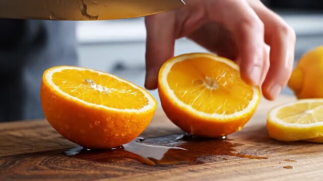 Fresh Citrus Fruits Being Cut on a Wooden Board.