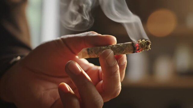 Close up view of hand holding and smoking a burning marijuana joint with smoke and fire in natural light