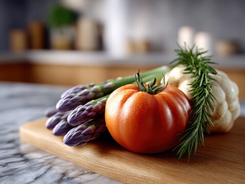 Fresh vegetables including tomato, garlic, and asparagus arranged on a wooden cutting board in a modern kitchen setting, showcasing healthy home cooking and vibrant colors - Powered by Adobe