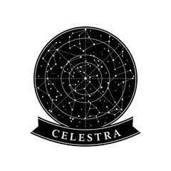 Celestra Constellation Map with Celestial Star Chart and Cosmic Design.