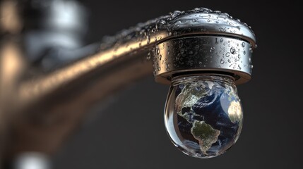 A Close-Up of a Water Faucet with a Droplet Containing the Earth Reflecting Water Conservation and Global Awareness Efforts