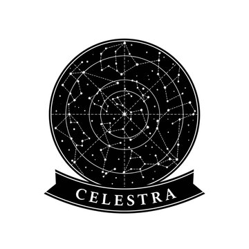 Celestra Constellation Map with Celestial Star Chart and Cosmic Design.