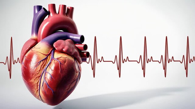 Anatomical heart turns slowly while heartbeat diagram shows cardiac rhythm on white background