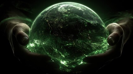 Hands Holding Glowing Green Earth Sphere with Cosmic Light and Stars in a Dark Background