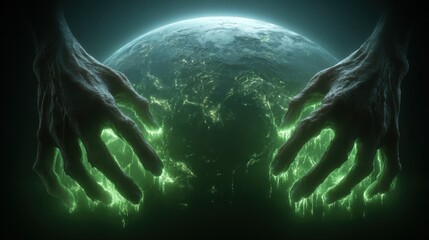 Mysterious green hands reaching toward a glowing Earth in a dark atmosphere, symbolizing power and unseen forces