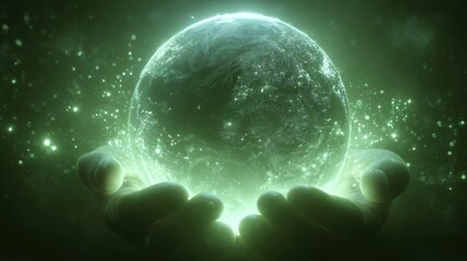 Hands Holding Luminous Globe with Sparkling Particles in Dark Environment for Nature and Environmental Themes