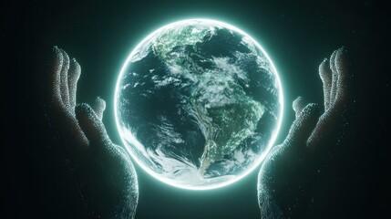 Hands Cradling a Neon Earth Globe in a Cosmic Space Environment Symbolizing Care for the Planet and Environmental Awareness