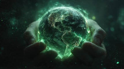 Glowing Earth in Hands Symbolizing Environmental Care and Protection with Dark Background in Digital Style