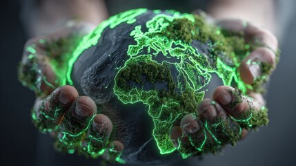 Hands Holding Glowing Earth with Greenery Symbolizing Environmental Protection and Sustainability