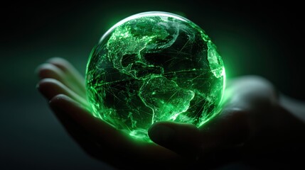 Glowing Green Earth Held in Hands Against Dark Background, Symbolizing Environmental Awareness and Global Unity