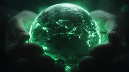 Green Glowing Globe in Hands Symbolizing Care for the Environment and Natural Resources with Ethereal Lighting Effects