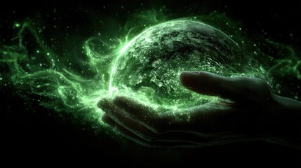 Ethereal Hand Cradling a Glowing Green Planet Surrounded by Cosmic Swirls and Mystical Light
