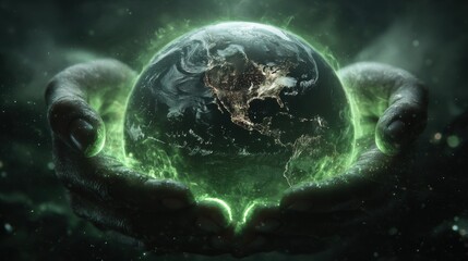Hands Holding a Glowing Earth with Dark Background, Symbolizing Protection and Care for Our Planet's Future