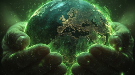 Hands Cradling a Glowing Earth with Green Light and Starry Background for Environmental Themes and Global Awareness