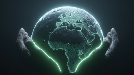 Hands Holding Digital Earth Sphere with Glowing Lines and Geometric Patterns in Dark Background