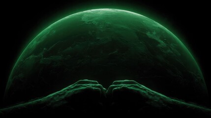 Mysterious Green Planet Surrounded by Hands Emerges from Darkness in an Enigmatic Digital Artwork