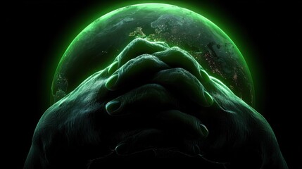 Hands with green glow clasped together against a vibrant Earth backdrop in a dark atmosphere, symbolizing hope and unity