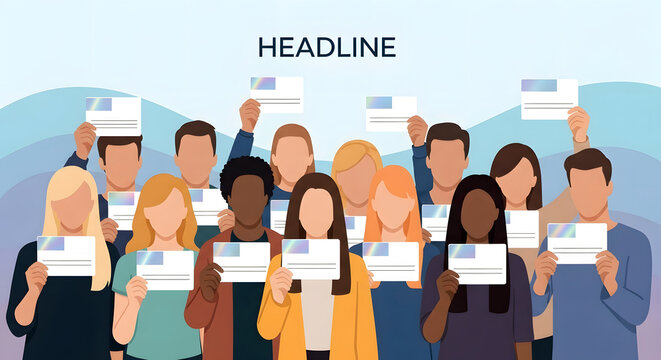 A diverse group of people holding up white cards with a generic placeholder design standing together