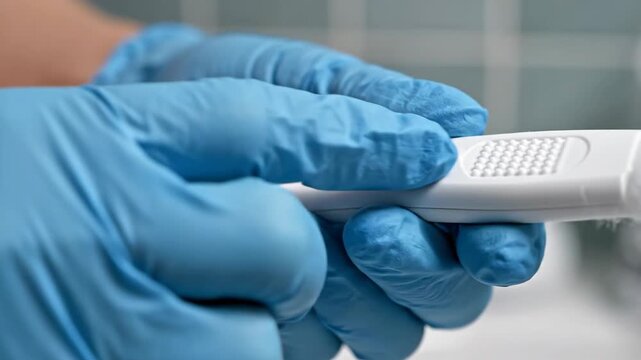 Hands in blue gloves holding a rapid medical diagnostic test kit