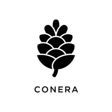 Stylized black pine cone logo with text on a white background.