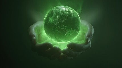 Ethereal Green Hands Embracing a Glowing Earth Sphere in a Mystical Fashion with Soft Green Light
