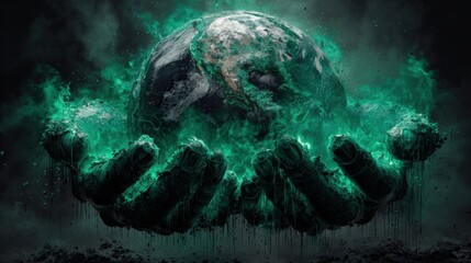 Hands Cradling Earth Surrounded by Ethereal Green Energy in Futuristic Concept Art Depicting Environmental Protection