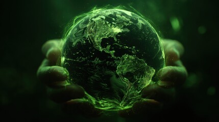 Hands Holding a Neon Green Globe Representing Environmental Awareness and Sustainability for Eco-Friendly Themes