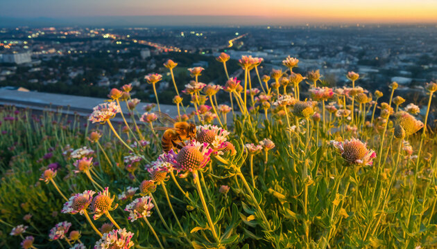 Diligent bee on vibrant wildflowers, bathed in golden light, overlooks a sparkling city at dusk. Harmonious contrast of nature and urban life, symbolizing balance, sustainability, growth. - Powered by Adobe