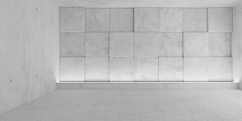 Modern concrete room back wall with offset boxes and light from below - industrial interior background template