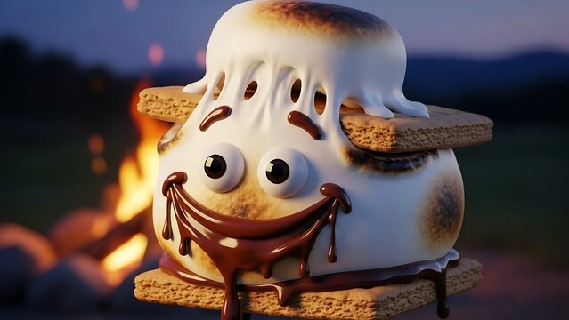 Whimsical Smore Character by Campfire - A Sweet Treat Adventure.
