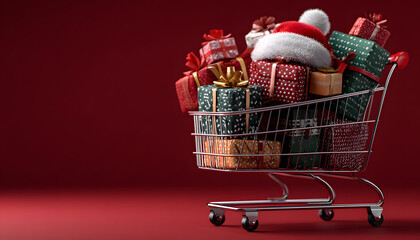 Un carrito de supermercado lleno de paquetes de regalo decorados con lazo, con un gorro de Papá Noel, aislado sobre fondo rojo para publicidad de compras de navidad