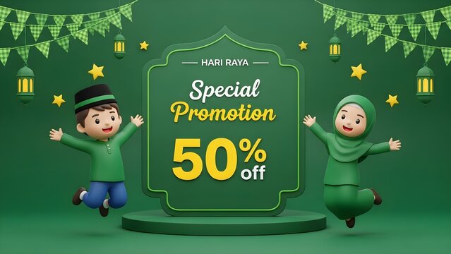Joyful Malay Kids Celebrate Hari Raya with Festive Promotion Banner and 50% Off Discount in 3D Illustration